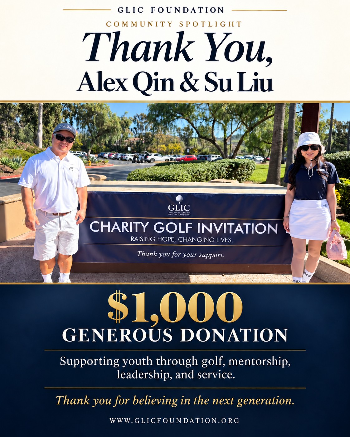 Thank You Alex Qin & Su Liu — $1,000 Generous Donation to GLIC Foundation