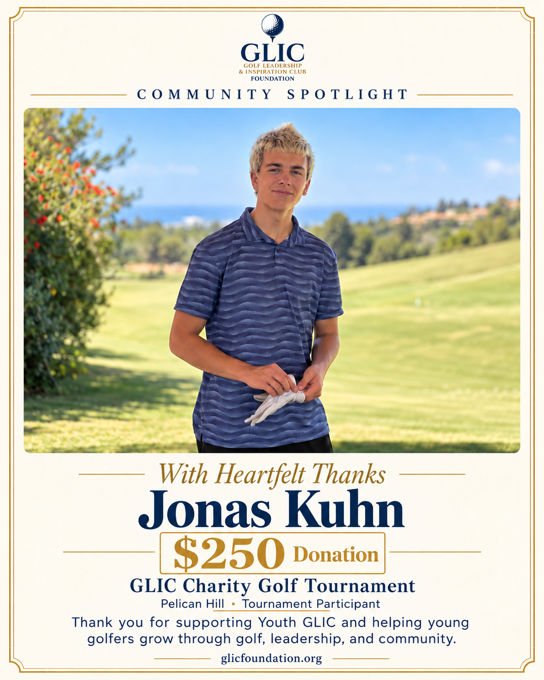 Thank You Jonas Kuhn — $250 Donation to GLIC Foundation