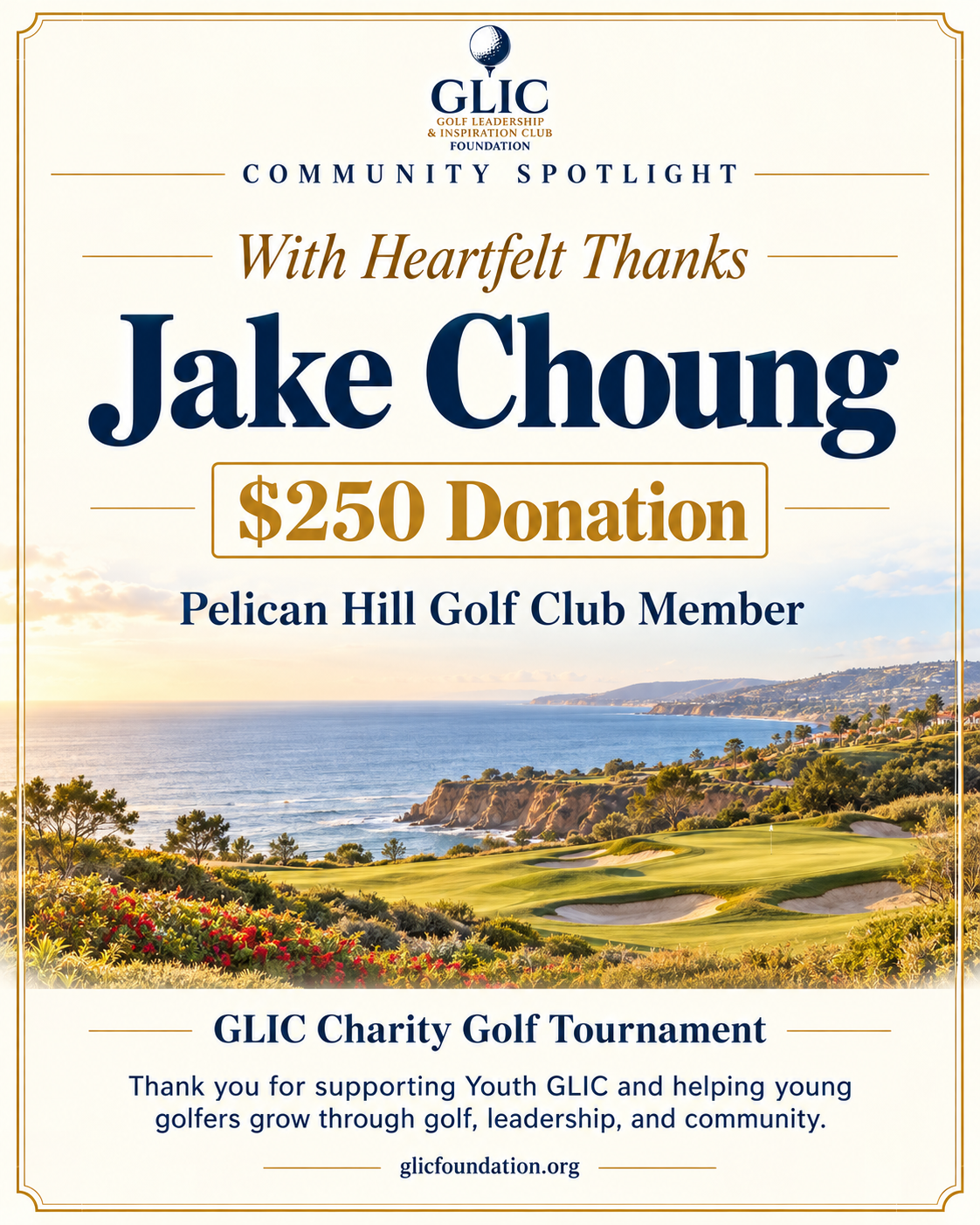 Thank You Jake Choung — $250 Donation to GLIC Foundation