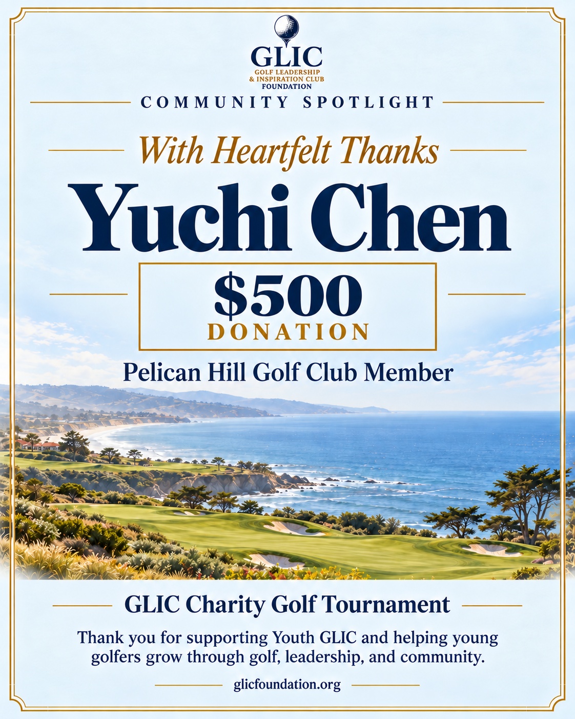 Thank You Yuchi Chen — $500 Donation to GLIC Foundation