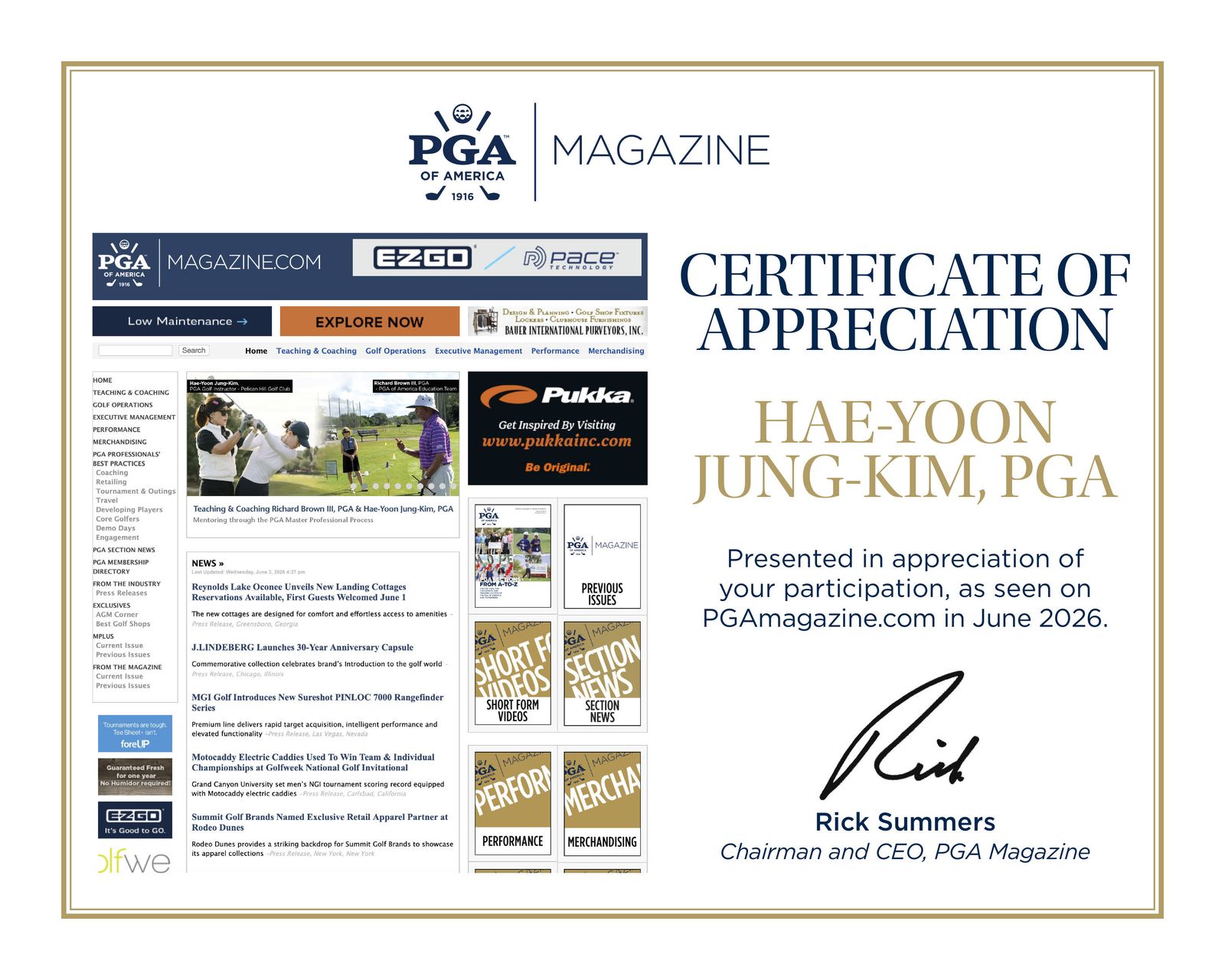 PGA Magazine Certificate of Appreciation — Hae-Yoon Jung-Kim, PGA